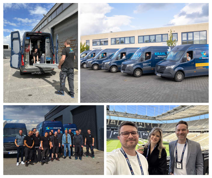 Krahl Verladesysteme Team Collage mit Servicefahrzeugen und Mitarbeitenden