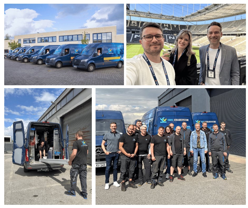 Krahl Verladesysteme Team Collage mit Servicefahrzeugen und Mitarbeitenden