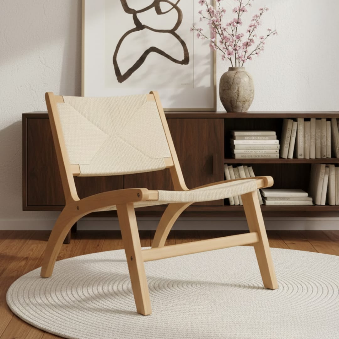 Wooden accent chair in a cozy lounge area