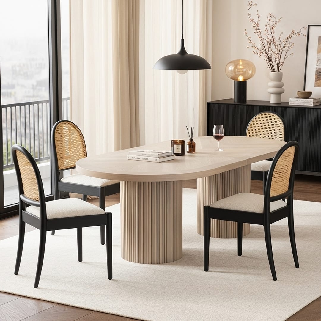 Dining set with black wooden chairs and beige table in a modern apartment