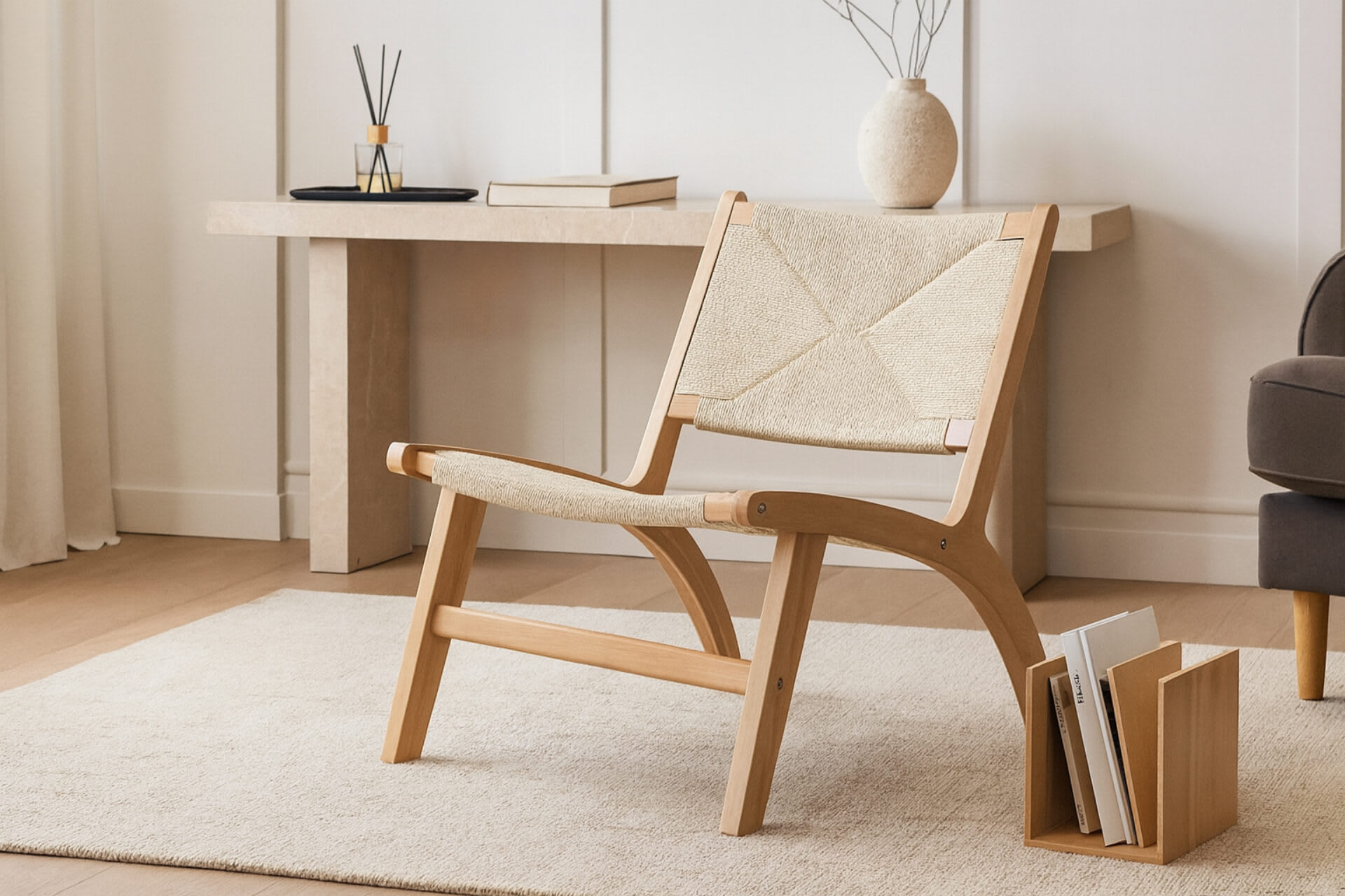 Image of a wooden accent chair in a lounge livingroom area