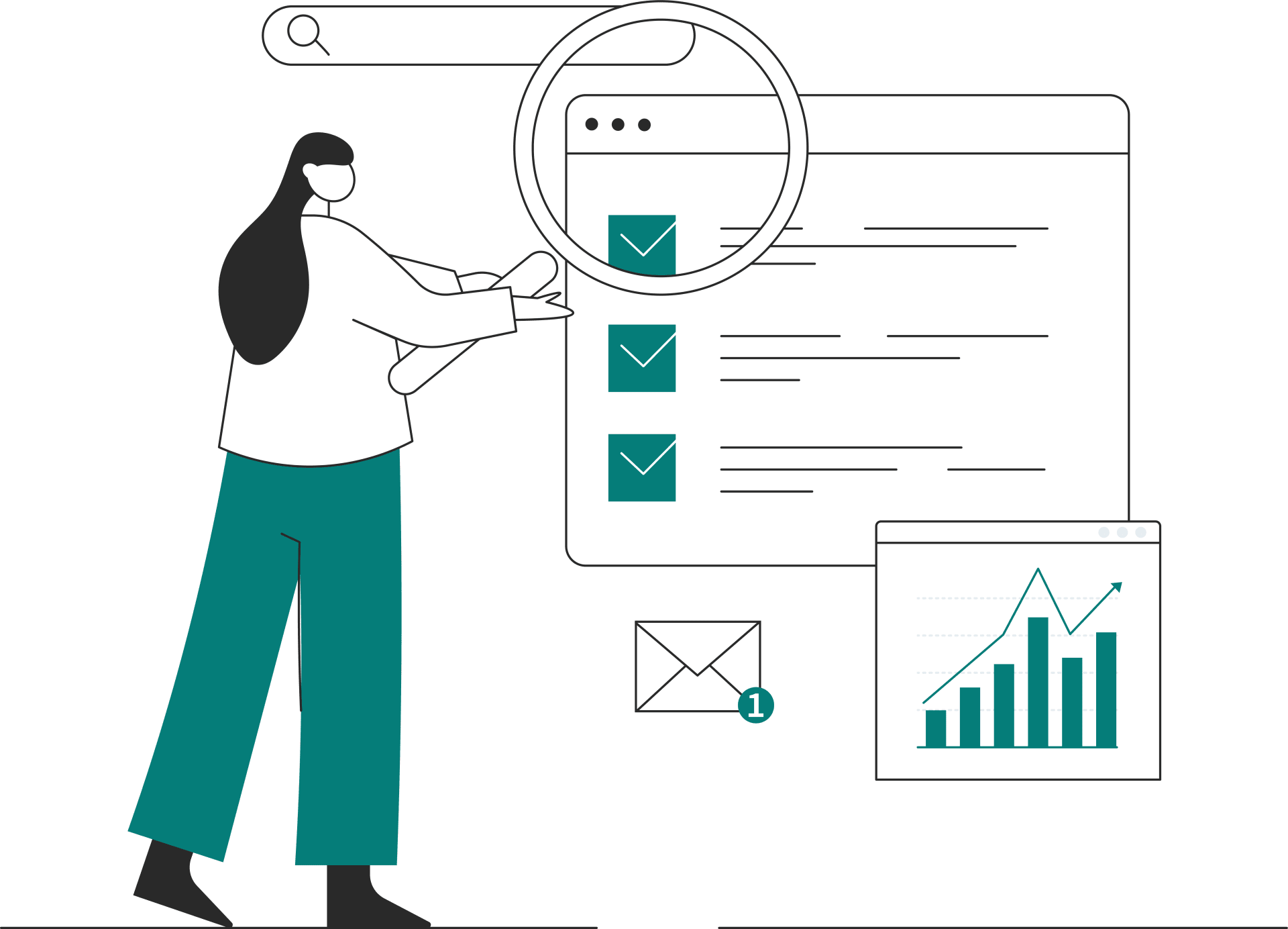 Grafik mit Mitarbeiterin, die Lupe hält
