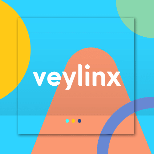 Veylinx logo with a playful background banded with veylinx colours and shapes