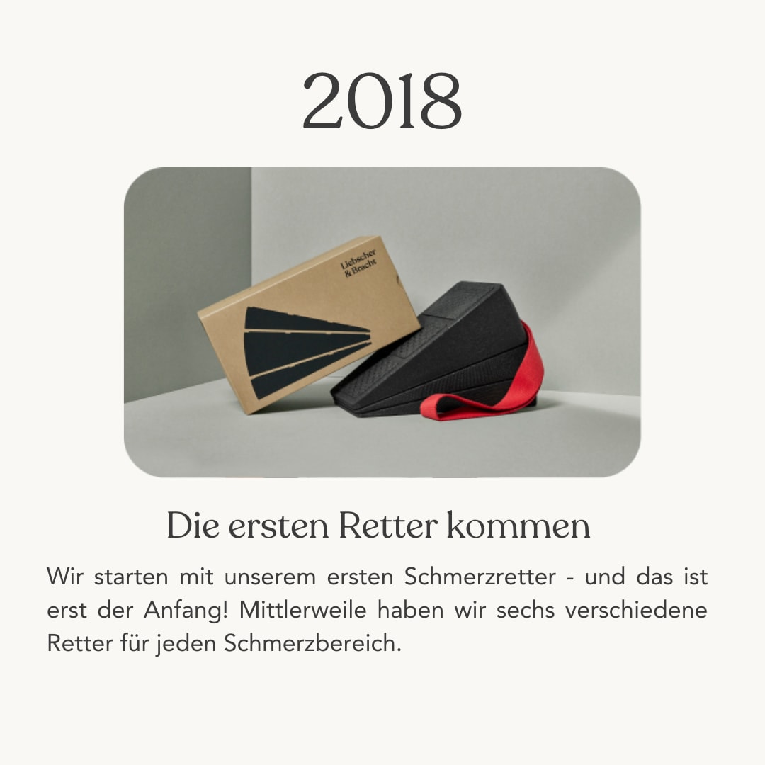 Zu sehen ist der Knieretter mit Trittschlaufe. Auf dem Knieretter steht der Karton, in der er normalerweise verpackt ist. Auf dem Karton ist ein Bild des Knieretters abgebildet und oben rechts auf dem Karton steht "Liebscher & Bracht". Unter dem Bild steht "2018, die ersten Retter kommen: Wir starten mit unserem ersten Schmerzretter - und das ist erst der Anfang! Mittlerweile haben wir sechs verschiedene Retter für jeden Schmerzbereich."