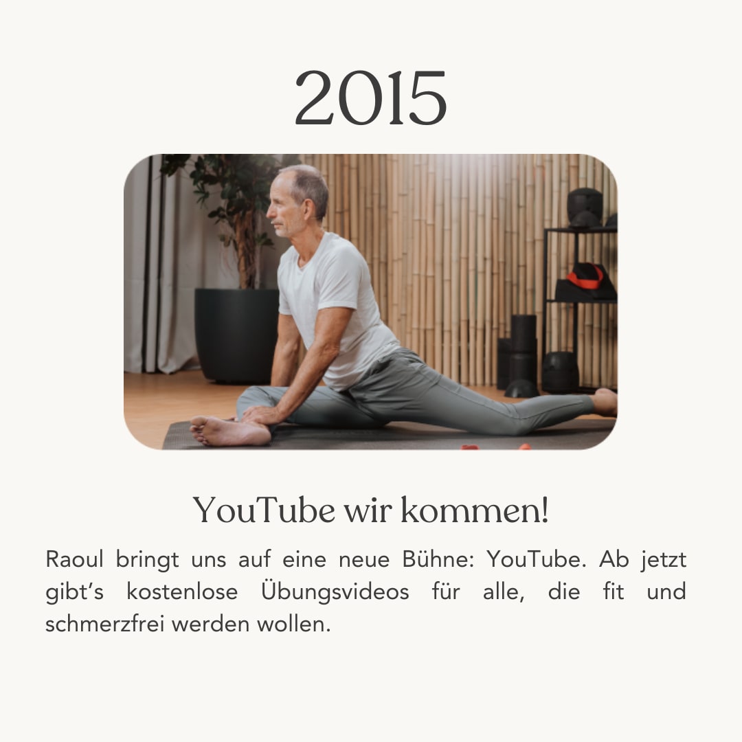 Zu sehen ist Roland Liebscher-Bracht. Er trägt ein weißes T-Shirt und eine graue Jogginghose. Er sitzt auf einer schwarzen Übungsmatte und macht eine Übung. Ein Bein hat er nach hinten gestreckt, das andere liegt angewinkelt vor ihm auf der Matte. Im Hintergrund sieht man eine Holzwand, eine Pflanze und ein schwarzes Regal in welchen man den Knieretter und Faszienrollen erkennen kann. Unter dem Bild steht: "2015, YouTube wir kommen! Raoul bringt uns auf eine neue Bühne: YouTube. Ab jetzt gibt's kostenlose Übungsvideos für alle, die fit und schmerzfrei werden wollen."