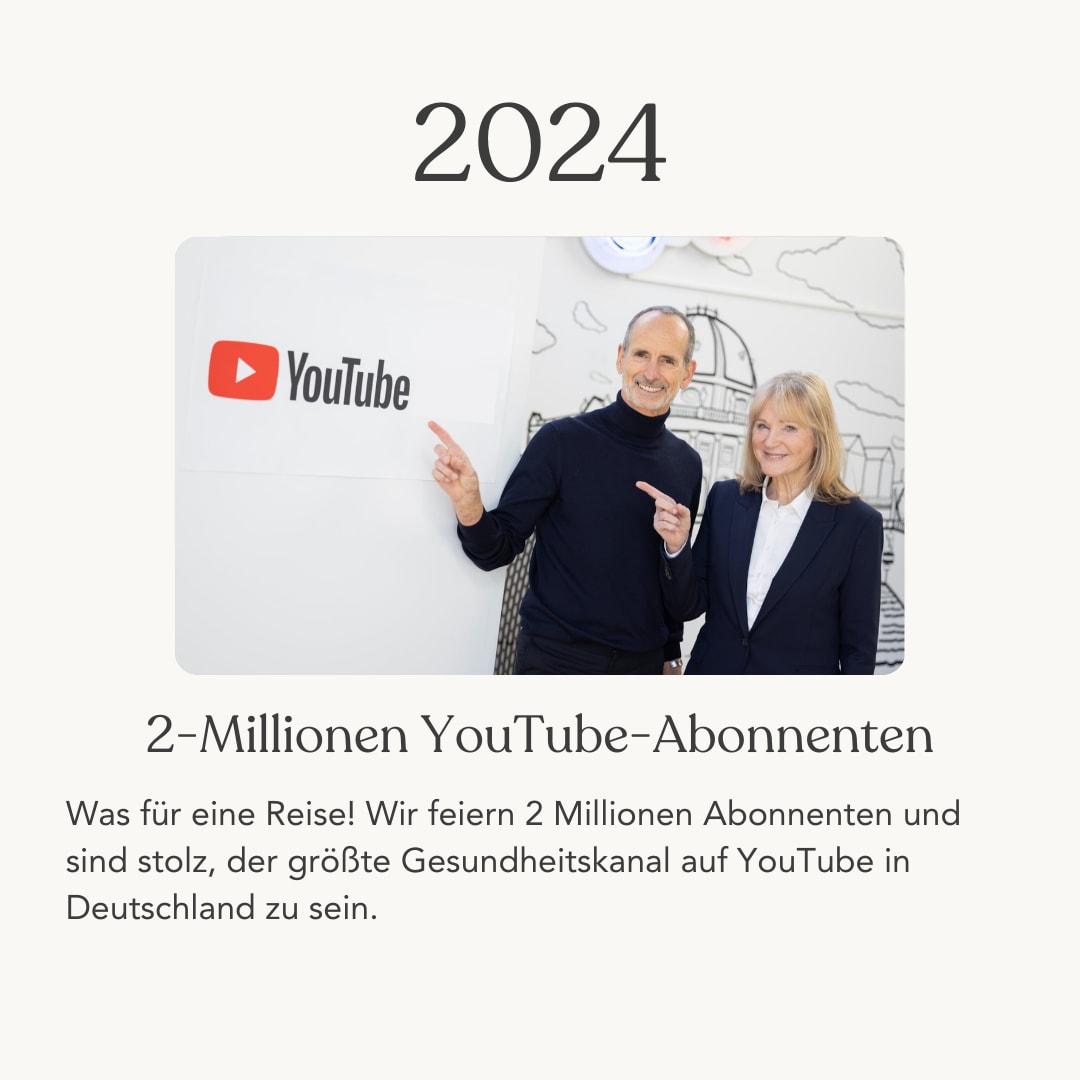 Zu sehen sind Roland Liebscher-Bracht und Dr. med. Petra Bracht. Sie stehen nebeneinander und zeigen auf eine Leinwand, auf welcher das YouTube Logo zu sehen ist. Das Logo besteht aus einem roten Viereck mit einem weißen Dreieck darin. Roland Liebscher-Bracht trägt einen schwarzen Rollkragenpullover und Dr. med. Petra Bracht trägt eine weiße Bluse und einen schwarzen Blazer. Beide schauen lächelnd in die Kamera. Unter dem Bild steht:" 2024: 2-Millionen YouTube-Abonnenten. Was für eine Reise! Wir feiern 2 Millionen Abonnenten und sind stolz, der größte Gesundheitskanal auf YouTube in Deutschland zu sein."