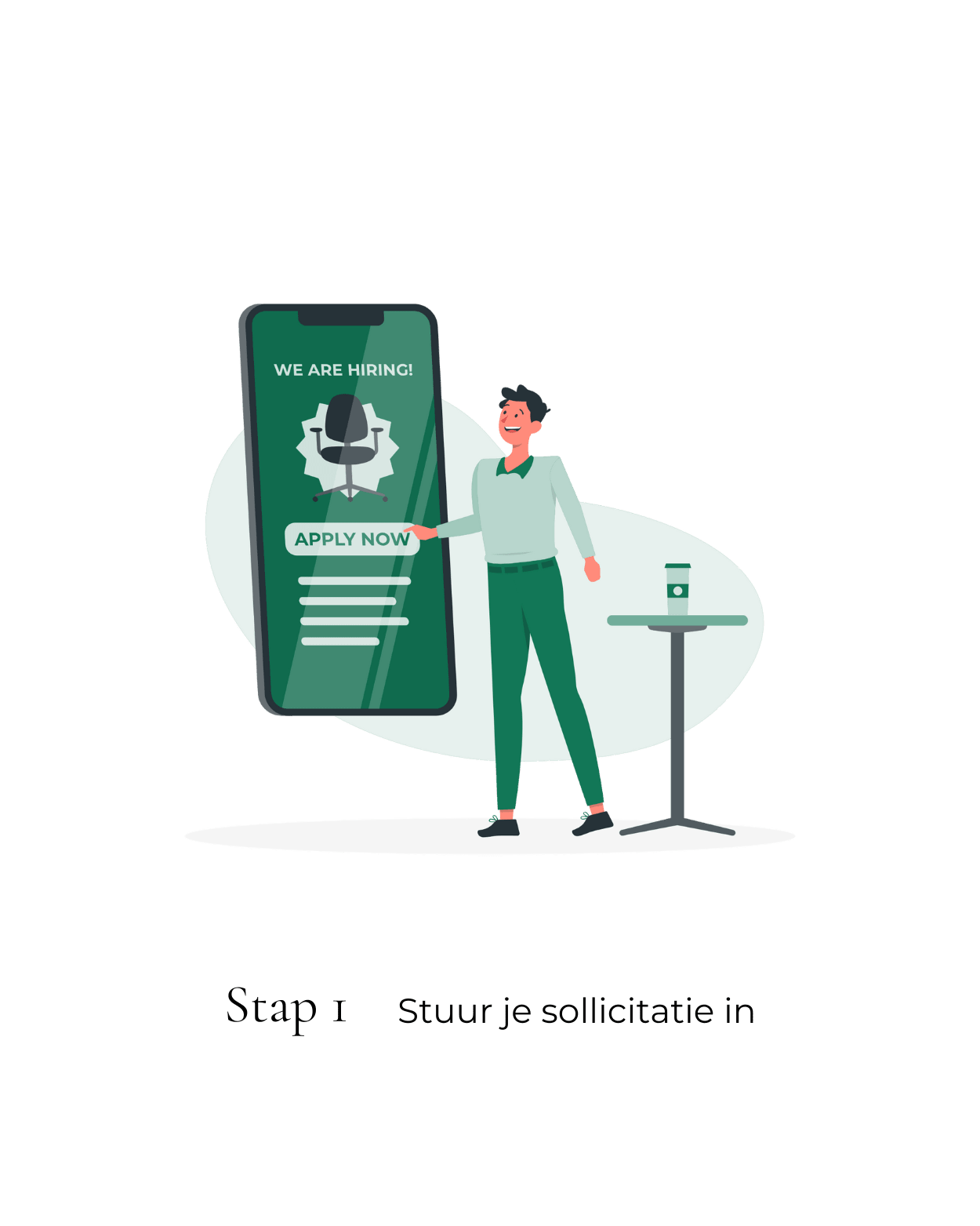Stap 1. Stuur je sollicitatie in. Met daarbij de illustratie van grote zwevende telefoon, met daarop 'Apply now', maar daarnaast een man die op die knop drukt