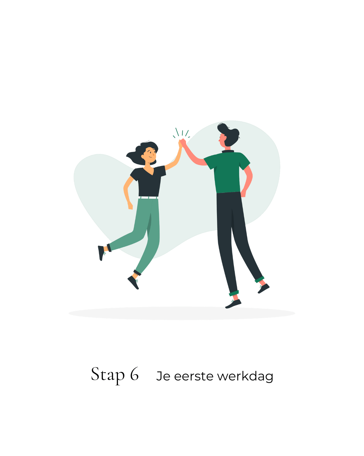 Stap 6. Je eerste werkdag. Daarbij een illustratie van twee mensen die elkaar een highfive geven.