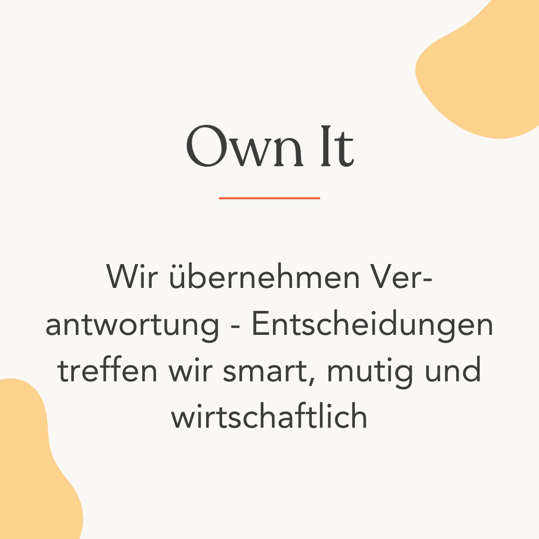 Zu sehen ist der Schriftzug "Own it". Darunter befindet sich ein roter waagerechter Strich und darunter der Text "Wir übernehmen Verantwortung - Entscheidungen treffen wir smart, mutig und wirtschaftlich." Links oben im Bild ist eine gelbe Form zu sehen und links unten ebenfalls,