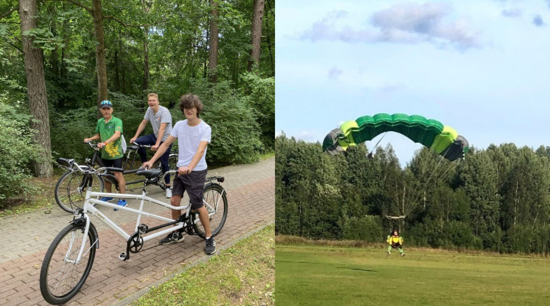Collage of a man riding a tandem bike and parachuting.
