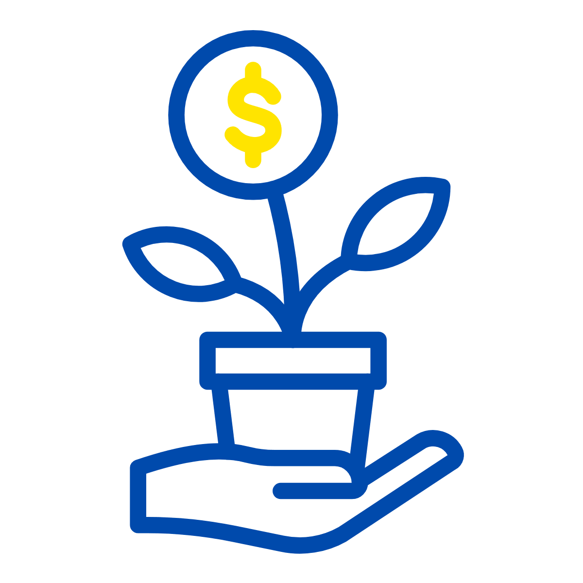 Ein GIF eines wackelnden Blumentopfes in einer Hand, wobei die Blüte der Blume ein Dollarzeichen ist.