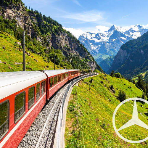 Paysage des Alpes suisses avec logo Mercedes-Benz, SAGA Suisse et Liechtenstein