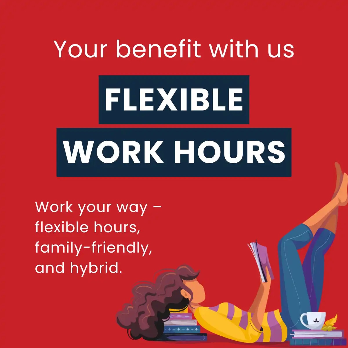 Benefit flexible work hours. Icon woman reading.