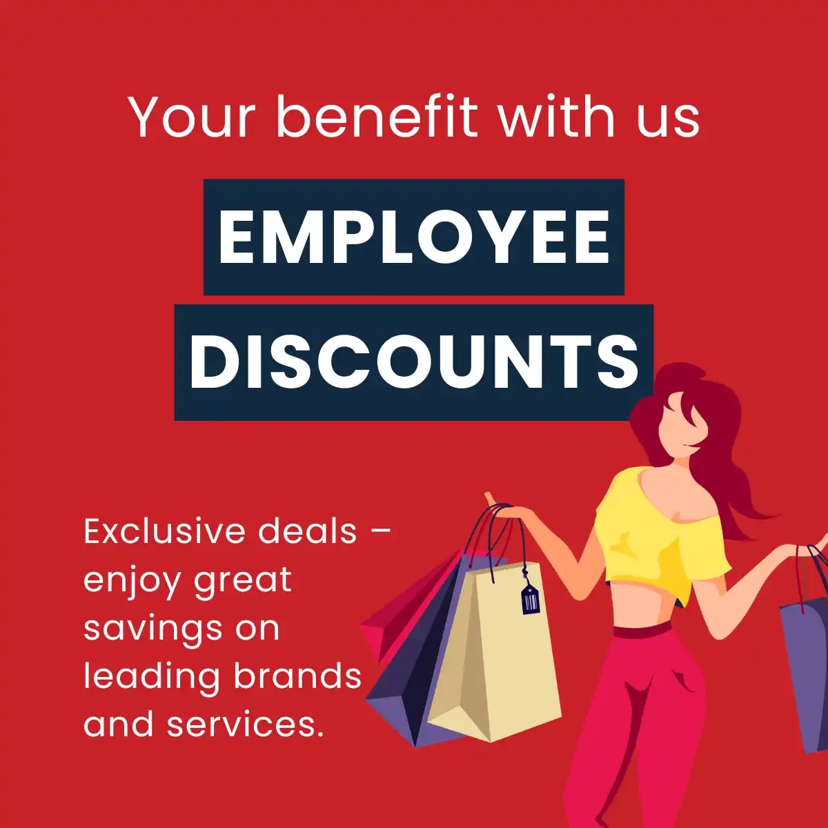 Benefit employee discounts. Icon woman with shopping bags.
