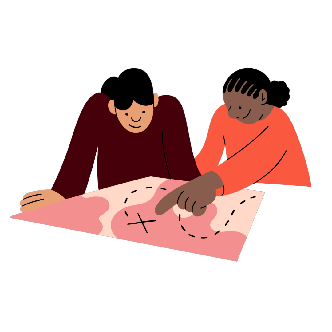 Illustratie van twee individuen die een route uitstippelen