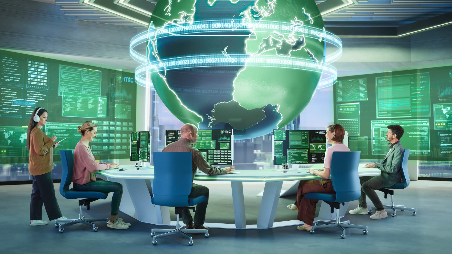 MIC team working around a digital globe visualizing global trade