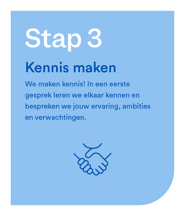 Stap 3 - Kennismaken  Kennismakingsgesprek waarin kandidaat en Zorg en Zekerheid elkaar beter leren kennen en verwachtingen bespreken.