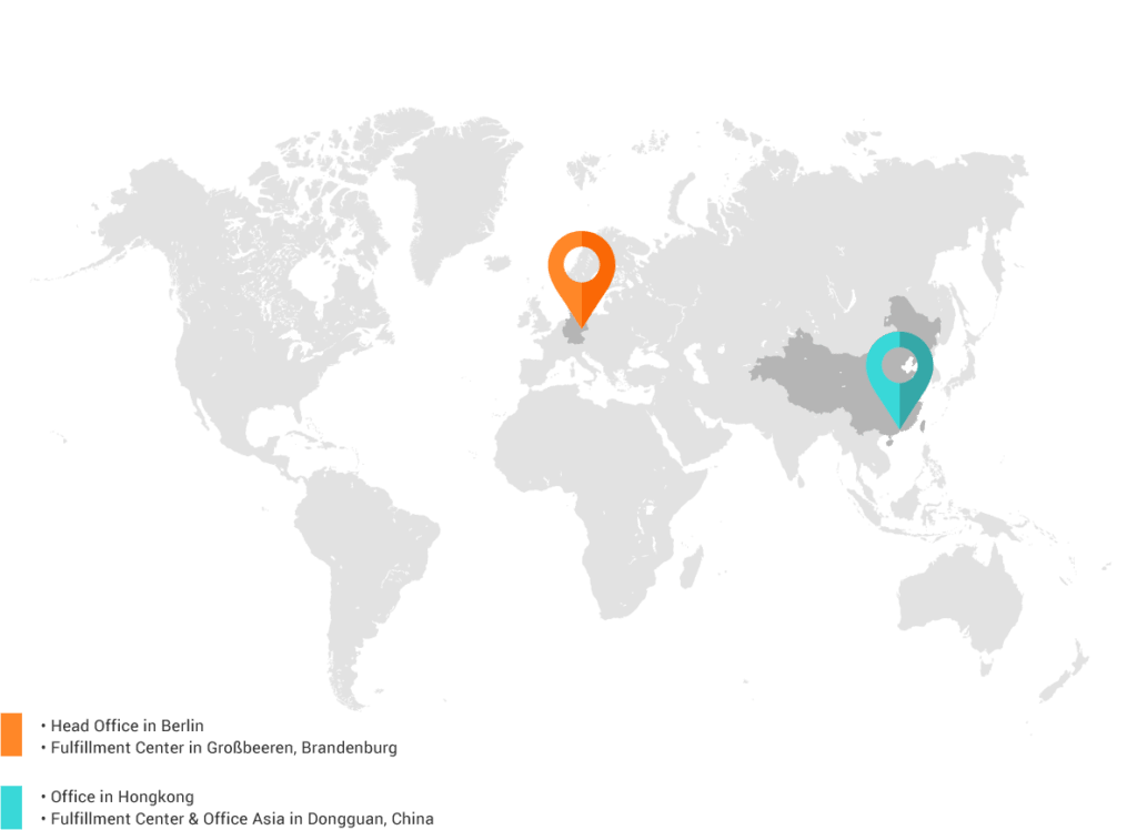 Map of locations: Berlin, Großbeeren, Hong Kong and Dongguan